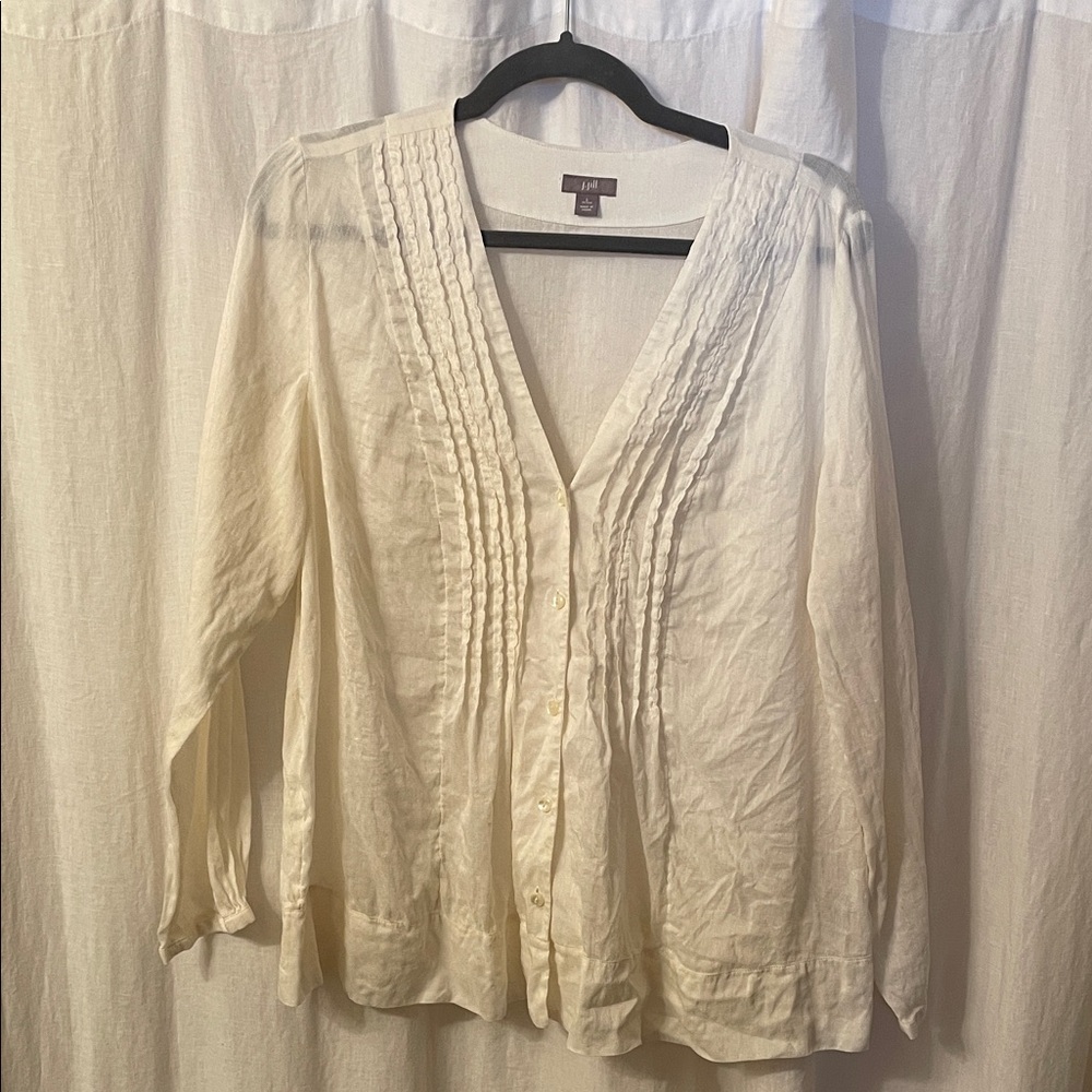 J. Jill Ivory Pleated silk blend V-Neck Tux Top Blouse Large